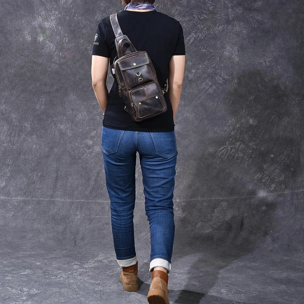 Cool Leather Mens 8" Brown Vintage Sling Bag Chest Bag One Shoulder Backpack for Men