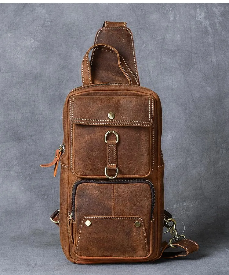 Cool Leather Mens 8" Brown Vintage Sling Bag Chest Bag One Shoulder Backpack for Men