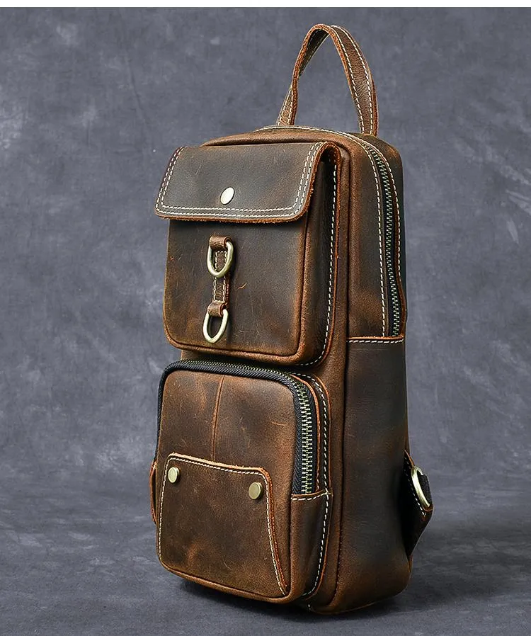 Cool Leather Mens 8" Brown Vintage Sling Bag Chest Bag One Shoulder Backpack for Men