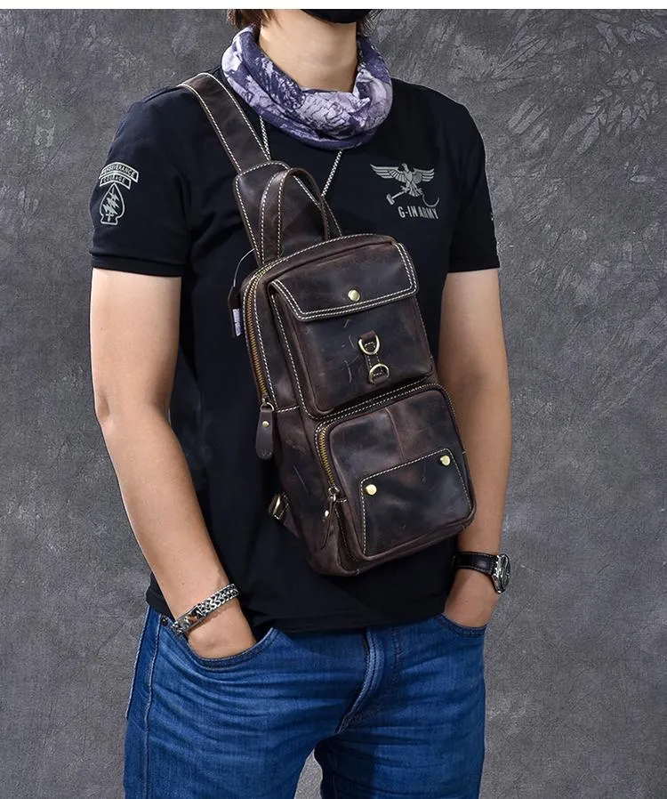 Cool Leather Mens 8" Brown Vintage Sling Bag Chest Bag One Shoulder Backpack for Men