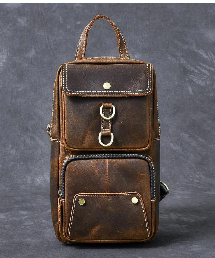 Cool Leather Mens 8" Brown Vintage Sling Bag Chest Bag One Shoulder Backpack for Men