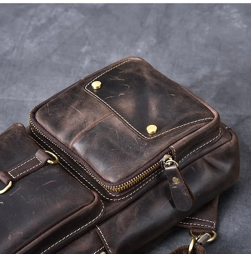 Cool Leather Mens 8" Brown Vintage Sling Bag Chest Bag One Shoulder Backpack for Men