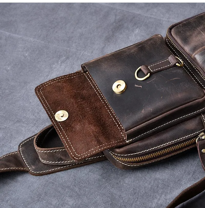 Cool Leather Mens 8" Brown Vintage Sling Bag Chest Bag One Shoulder Backpack for Men