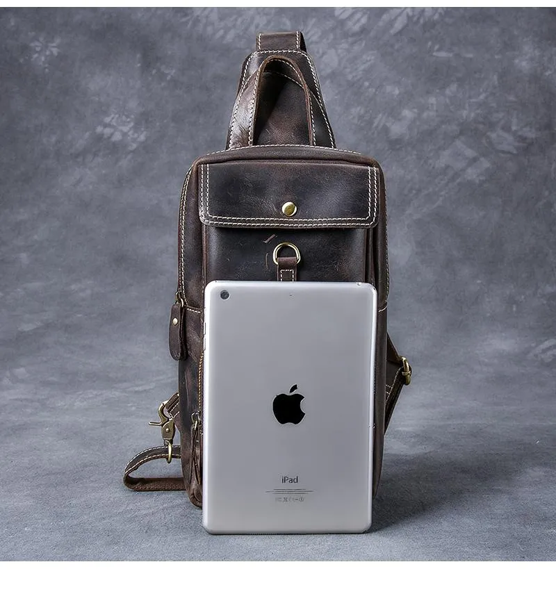 Cool Leather Mens 8" Brown Vintage Sling Bag Chest Bag One Shoulder Backpack for Men