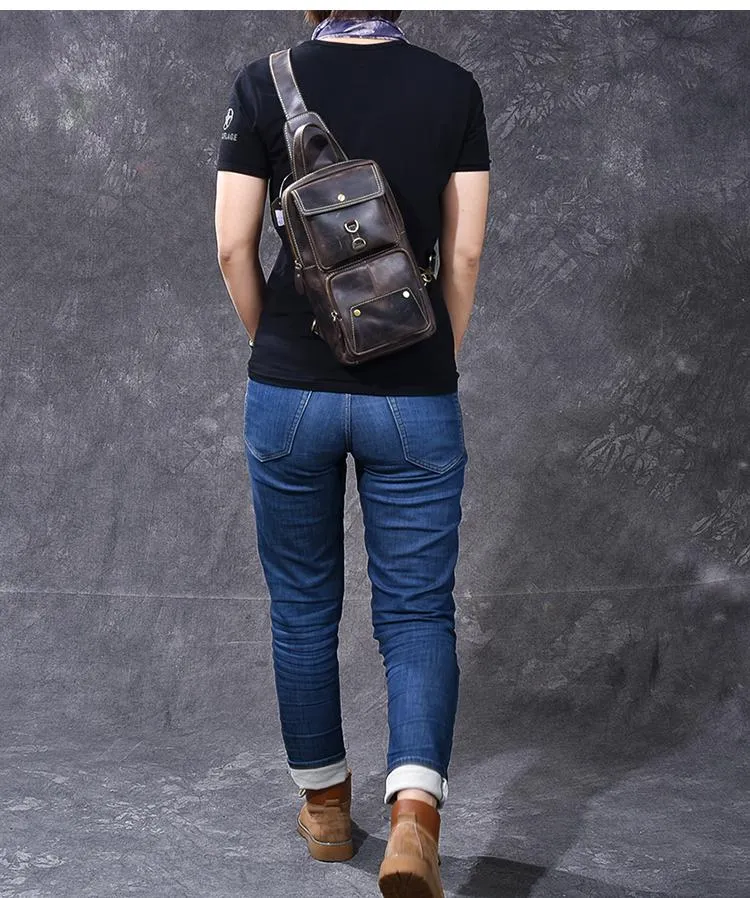 Cool Leather Mens 8" Brown Vintage Sling Bag Chest Bag One Shoulder Backpack for Men