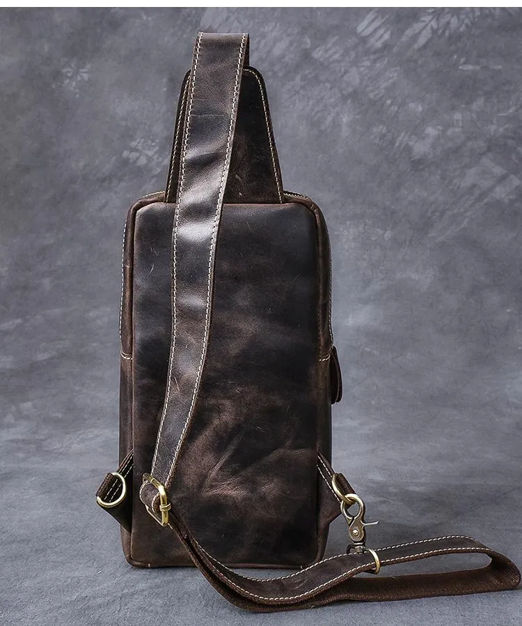 Cool Leather Mens 8" Brown Vintage Sling Bag Chest Bag One Shoulder Backpack for Men