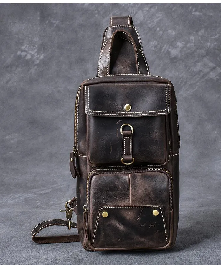 Cool Leather Mens 8" Brown Vintage Sling Bag Chest Bag One Shoulder Backpack for Men