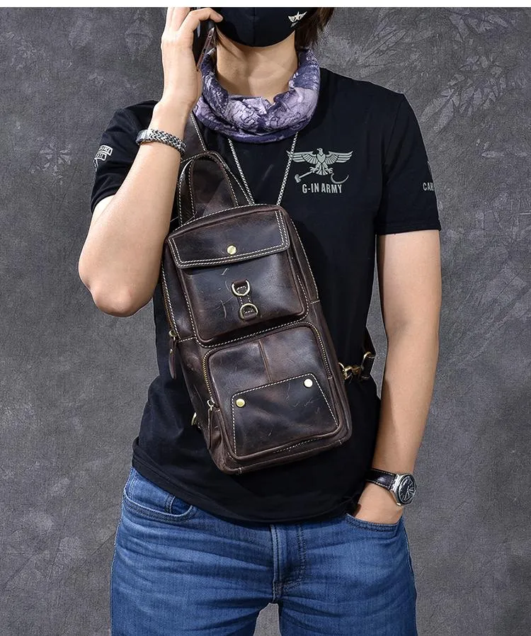 Cool Leather Mens 8" Brown Vintage Sling Bag Chest Bag One Shoulder Backpack for Men