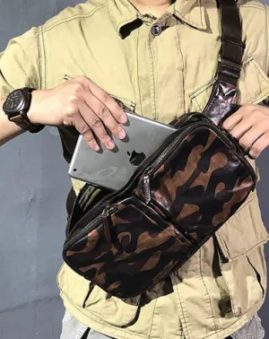 Cool Leather Mens Camouflage Chest Bag Sling Bag Crossbody Pack Black One Shoulder Backpack for men