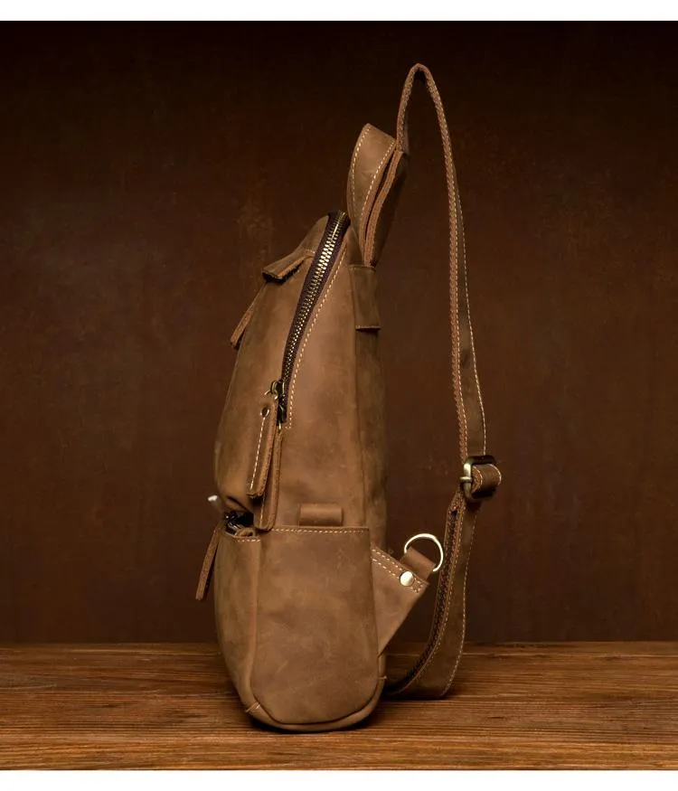 Cool Light Brown Leather Mens 10 inches Sling Bag Crossbody Pack Chest Bag for men