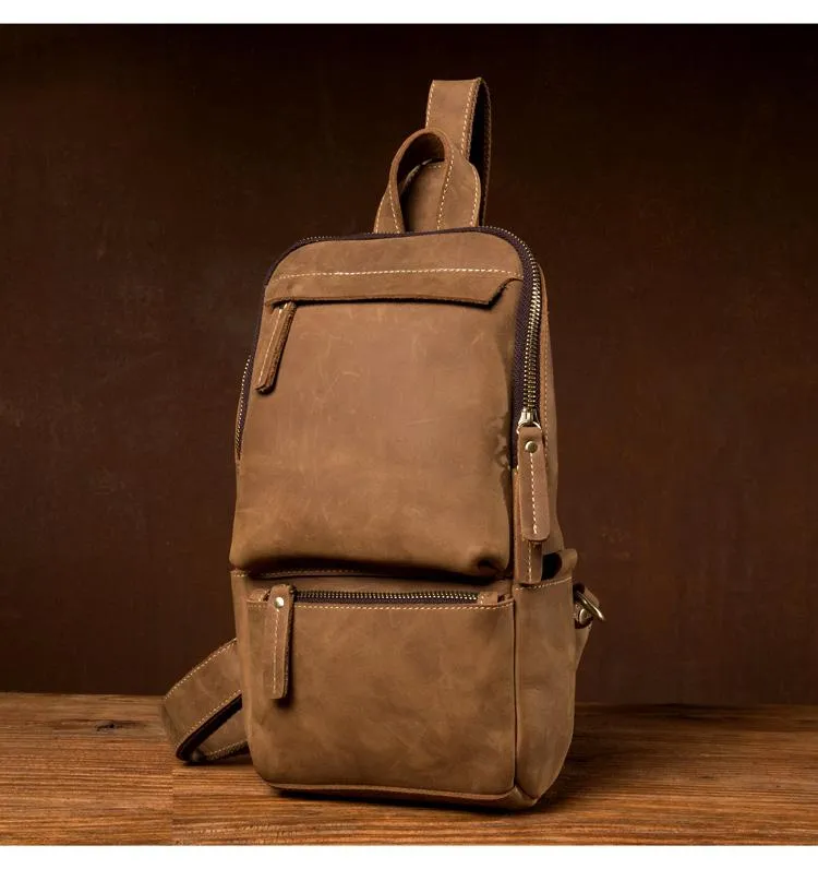 Cool Light Brown Leather Mens 10 inches Sling Bag Crossbody Pack Chest Bag for men