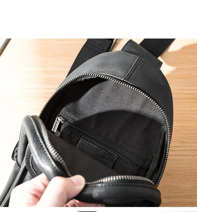 Cool Mens Black Leather 8 inches Chest Bag Sling Black One Shoulder Backpack Sling Backpack for men