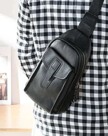 Cool Mens Black Leather 8 inches Chest Bag Sling Black One Shoulder Backpack Sling Backpack for men