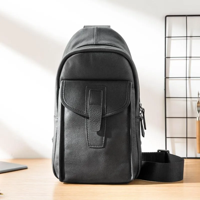 Cool Mens Black Leather 8 inches Chest Bag Sling Black One Shoulder Backpack Sling Backpack for men