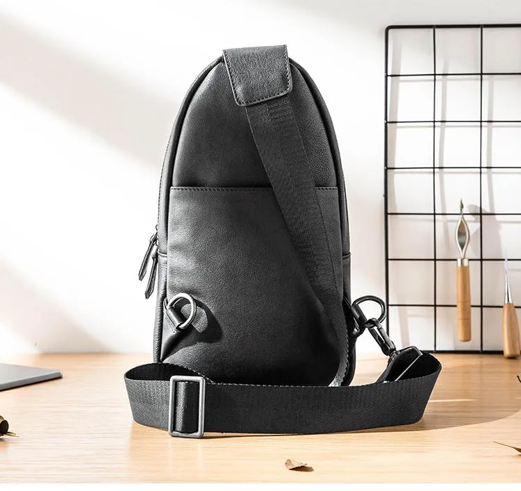 Cool Mens Black Leather 8 inches Chest Bag Sling Black One Shoulder Backpack Sling Backpack for men