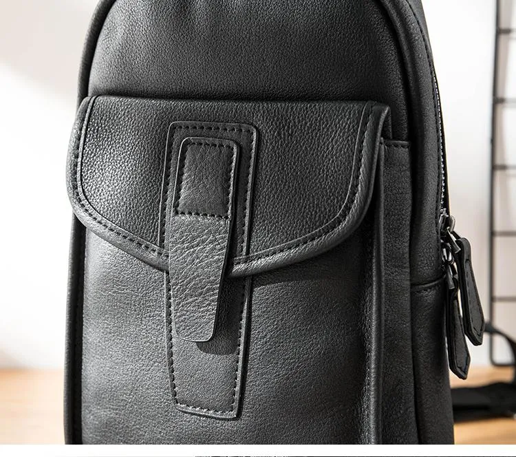 Cool Mens Black Leather 8 inches Chest Bag Sling Black One Shoulder Backpack Sling Backpack for men