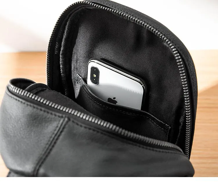 Cool Mens Black Leather 8 inches Chest Bag Sling Black One Shoulder Backpack Sling Backpack for men