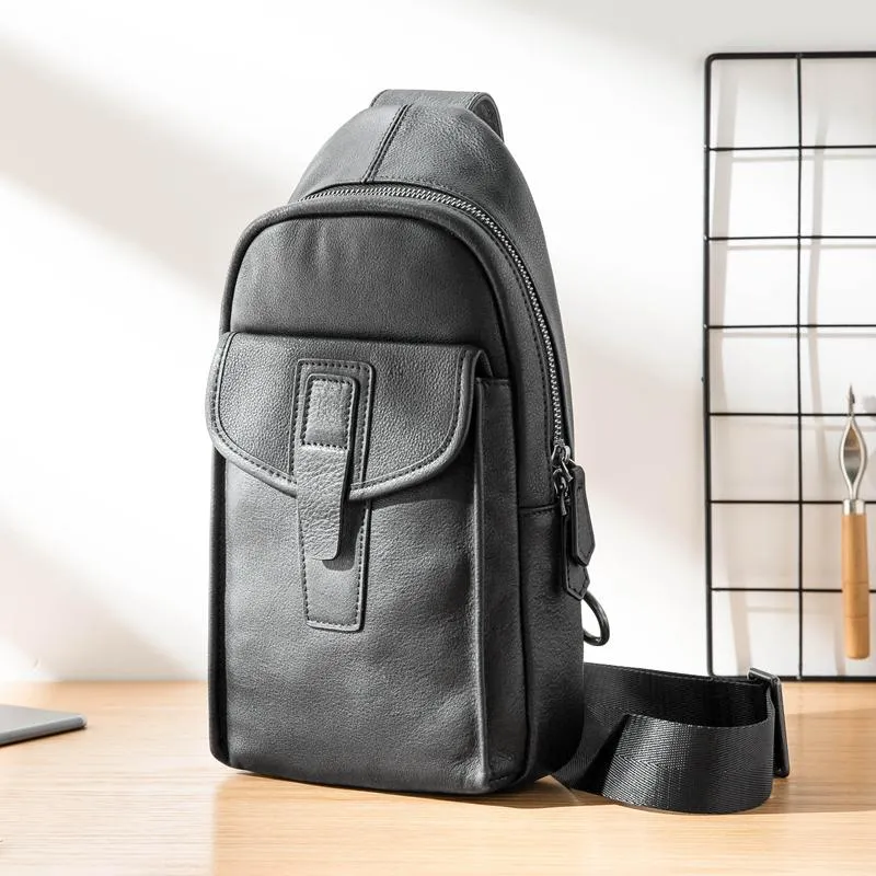 Cool Mens Black Leather 8 inches Chest Bag Sling Black One Shoulder Backpack Sling Backpack for men