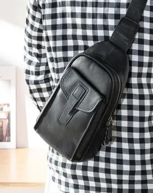 Cool Mens Black Leather 8 inches Chest Bag Sling Black One Shoulder Backpack Sling Backpack for men