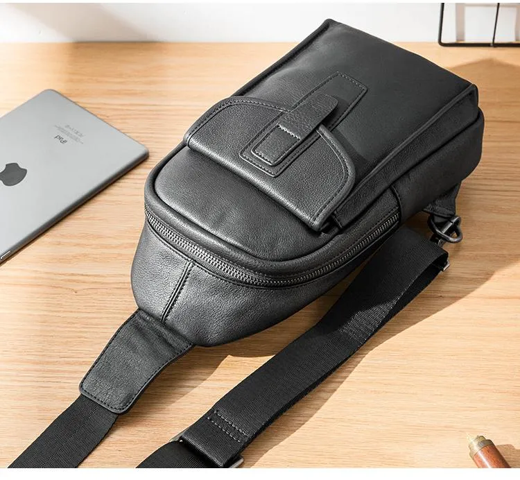 Cool Mens Black Leather 8 inches Chest Bag Sling Black One Shoulder Backpack Sling Backpack for men