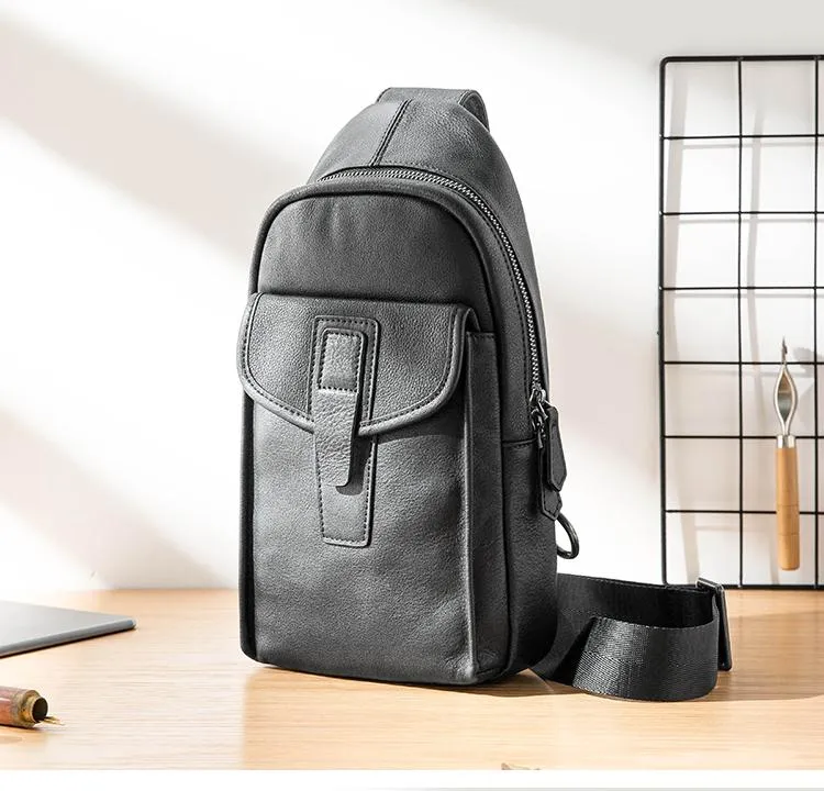Cool Mens Black Leather 8 inches Chest Bag Sling Black One Shoulder Backpack Sling Backpack for men