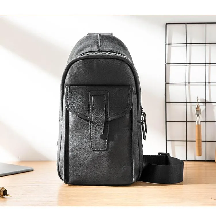 Cool Mens Black Leather 8 inches Chest Bag Sling Black One Shoulder Backpack Sling Backpack for men