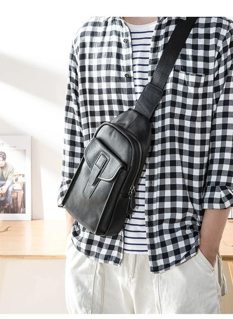 Cool Mens Black Leather 8 inches Chest Bag Sling Black One Shoulder Backpack Sling Backpack for men