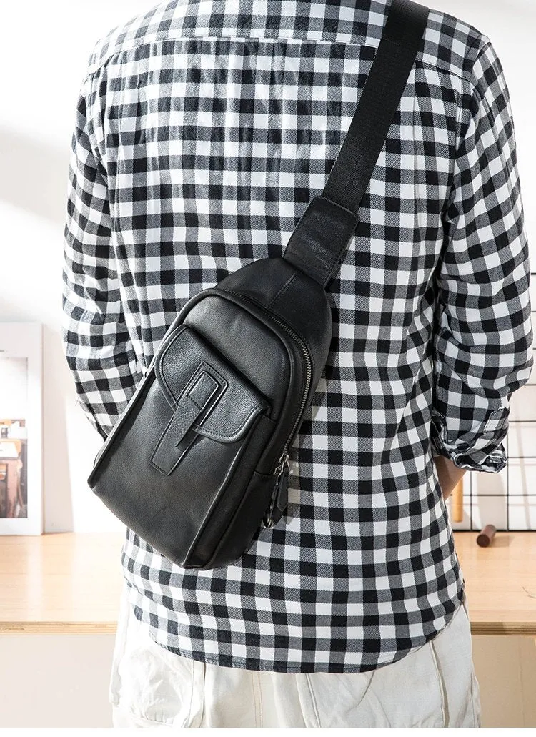 Cool Mens Black Leather 8 inches Chest Bag Sling Black One Shoulder Backpack Sling Backpack for men