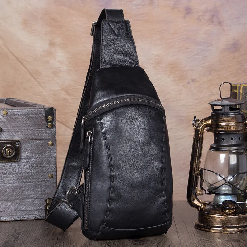 Cool Mens Black Leather Sling Bag Chest Bag Soft Black One Shoulder Backpack Sling Backpack for men