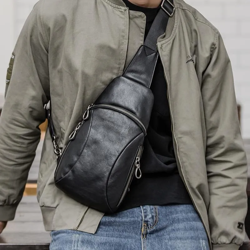 Cool Mens Black Leather Sling Bag Chest Bag Soft Black One Shoulder Backpack Sling Backpack for men