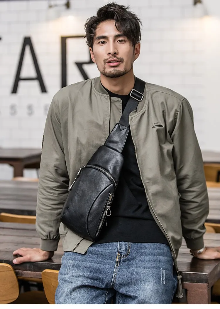 Cool Mens Black Leather Sling Bag Chest Bag Soft Black One Shoulder Backpack Sling Backpack for men