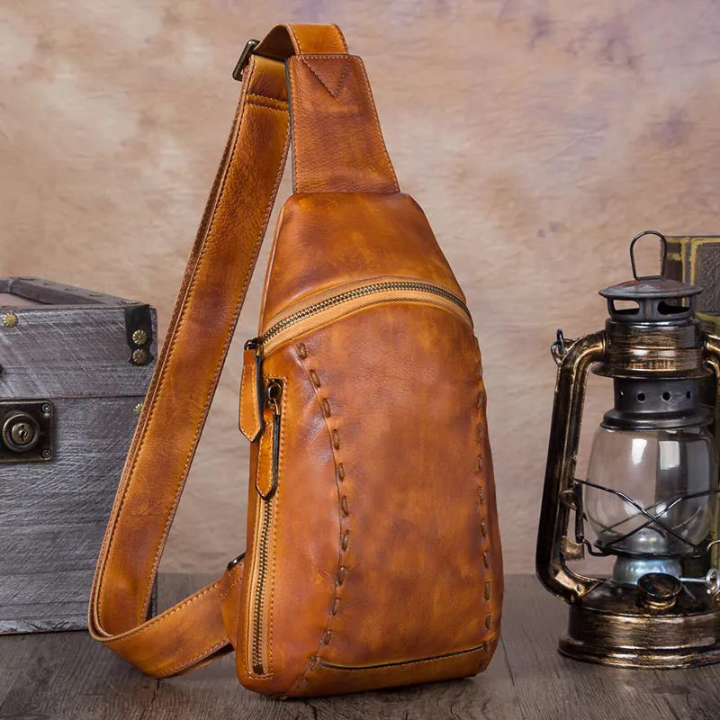 Cool Mens Black Leather Sling Bag Chest Bag Soft Black One Shoulder Backpack Sling Backpack for men