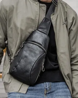 Cool Mens Black Leather Sling Bag Chest Bag Soft Black One Shoulder Backpack Sling Backpack for men