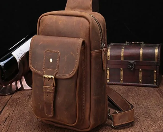 Cool Mens Leather Sling Bag One Shoulder Bag Sling Chest Bag For Men