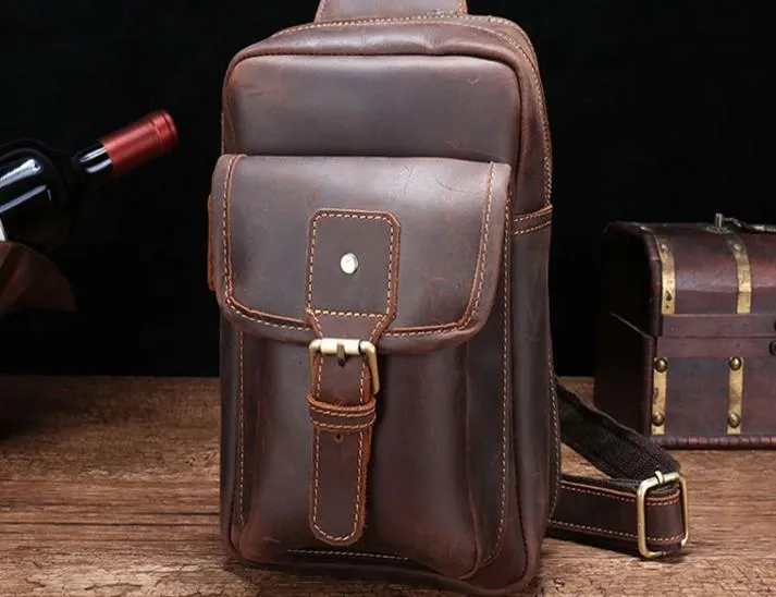 Cool Mens Leather Sling Bag One Shoulder Bag Sling Chest Bag For Men