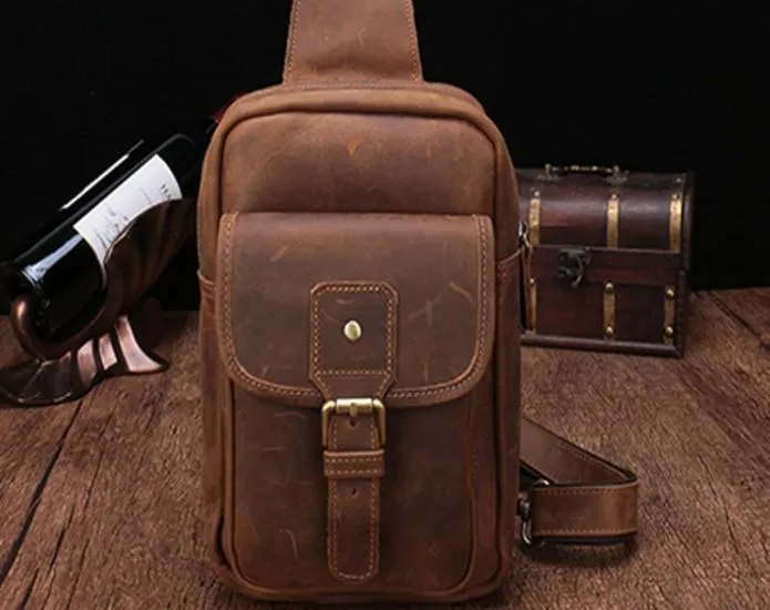 Cool Mens Leather Sling Bag One Shoulder Bag Sling Chest Bag For Men