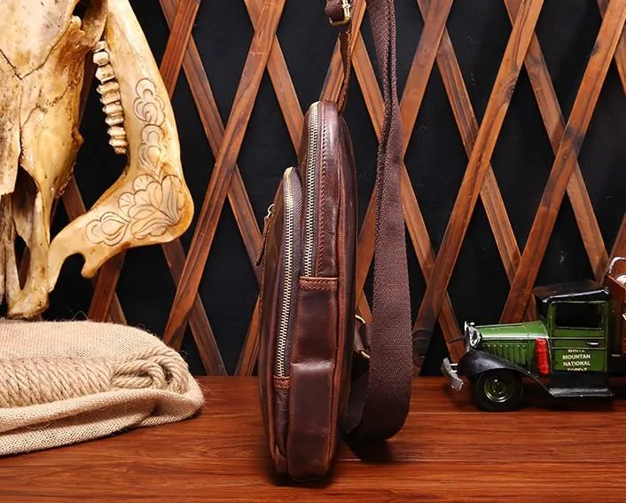 Cool Mens Red Brown Leather Chest Bag Sling Bag Crossbody Sling Bag For Men