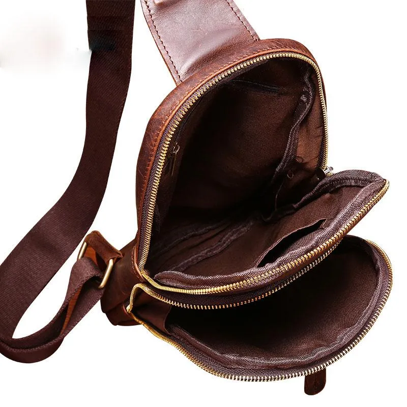 Cool Mens Red Brown Leather Chest Bag Sling Bag Crossbody Sling Bag For Men