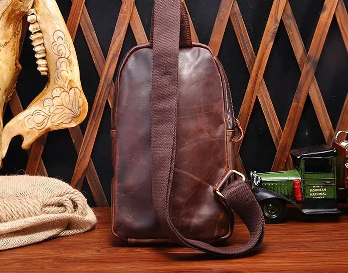 Cool Mens Red Brown Leather Chest Bag Sling Bag Crossbody Sling Bag For Men