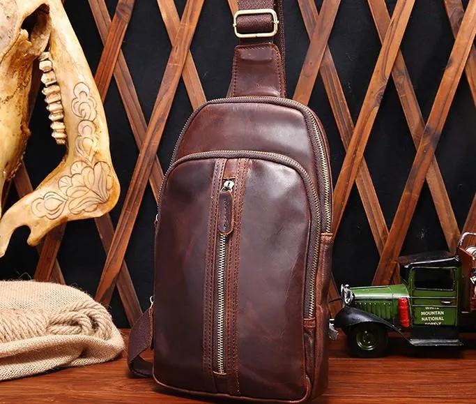 Cool Mens Red Brown Leather Chest Bag Sling Bag Crossbody Sling Bag For Men