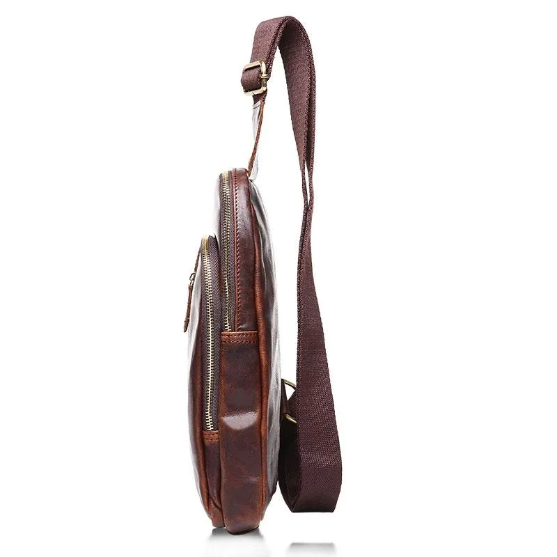 Cool Mens Red Brown Leather Chest Bag Sling Bag Crossbody Sling Bag For Men