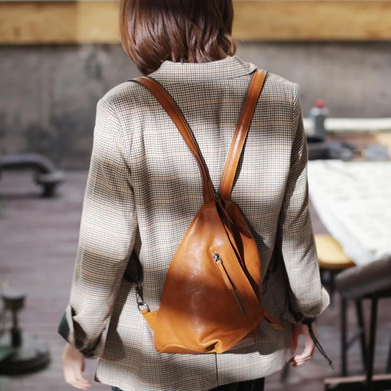 Cool Mens Womens Brown Leather Backpacks Triangel Sling Bag Black Leather One Shoulder Backpack for Womens