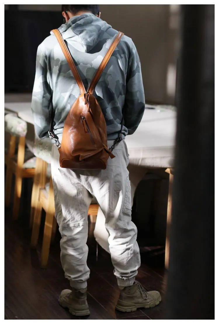Cool Mens Womens Brown Leather Backpacks Triangel Sling Bag Black Leather One Shoulder Backpack for Womens