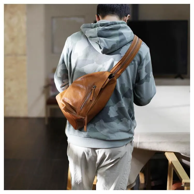 Cool Mens Womens Brown Leather Backpacks Triangel Sling Bag Black Leather One Shoulder Backpack for Womens