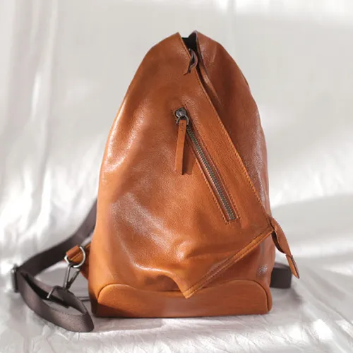 Cool Mens Womens Brown Leather Backpacks Triangel Sling Bag Black Leather One Shoulder Backpack for Womens