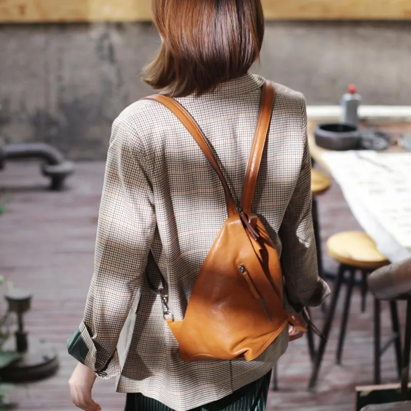Cool Mens Womens Brown Leather Backpacks Triangel Sling Bag Black Leather One Shoulder Backpack for Womens