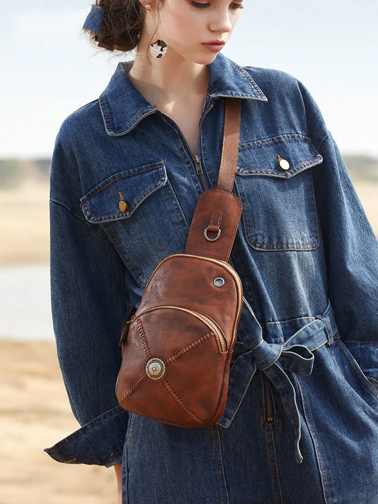 Cool Mens Womens Cap Brown Sling Bag Vintage Leather Chest Bag Crossbody Pack for Men