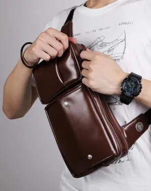 Cool PU Leather Men's Brown One Shoulder Backpack Black Chest Bag Sling Bag For Men