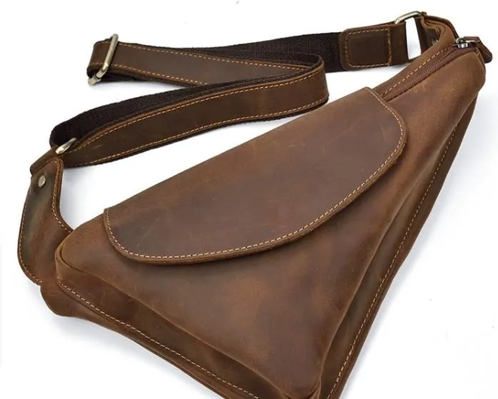 Cool Triangular Leather Mens Sling Bag Chest Bag Sling Crossbody Bag One Shoulder Backpack For Mens