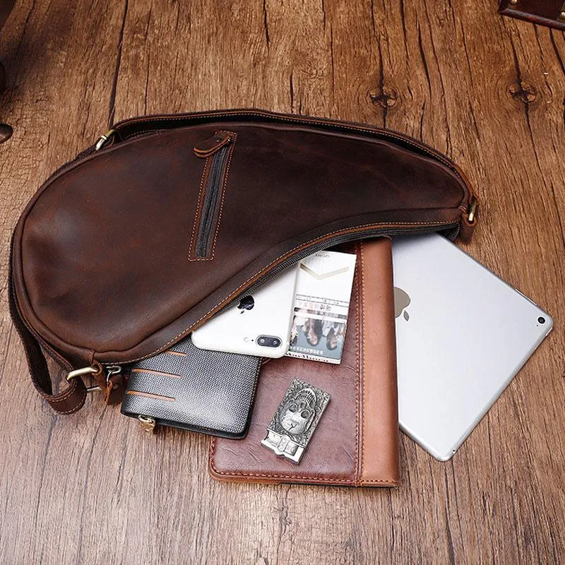 Cool Vintage Brown Leather Chest Bag Sling Bag Sling Crossbody Bag For Men